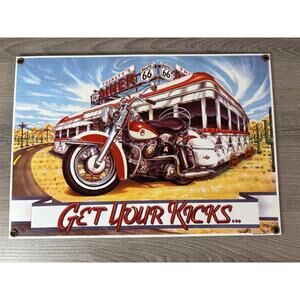 Route 66 "Get your Kicks" Harley Panhead Vintage Metal Sign- Ande Rooney- 1998